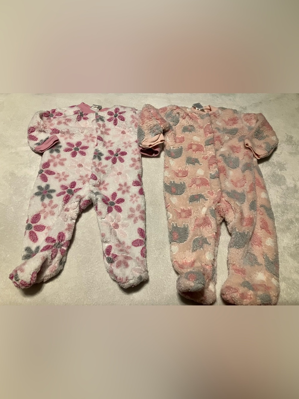 Cozy Pink Floral and Elephant Plush One-Piece Sleepers - 2 Pack